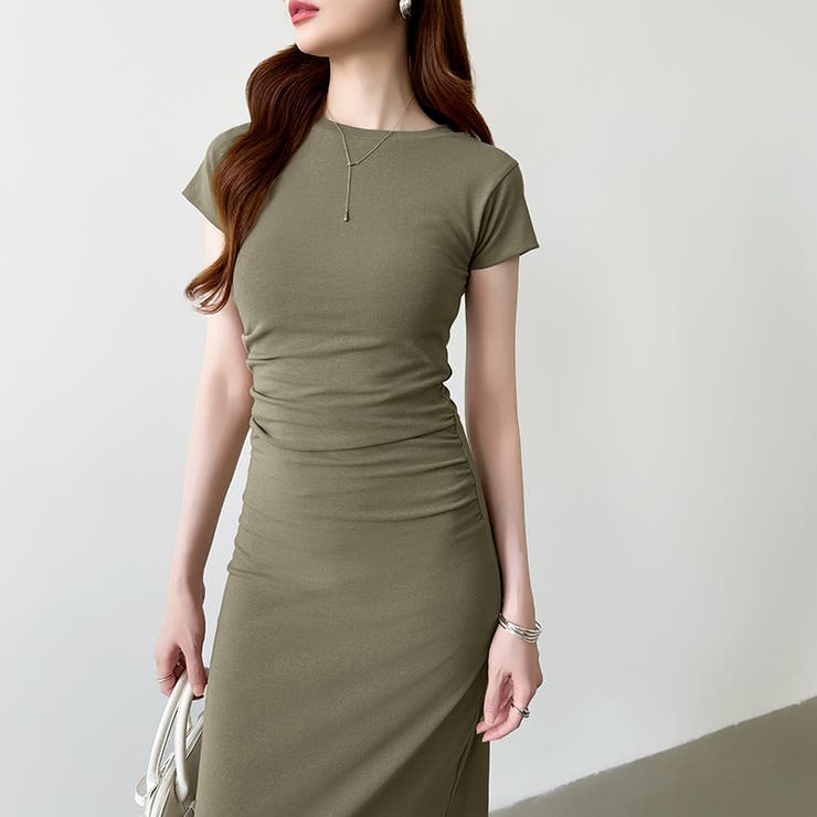 ウエストギャザーワンピース Tシャツワンピース タイトワンピース[品番