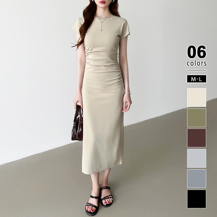 ライトブラウン | 【美シルエット】 ウエストギャザーワンピース Tシャツワンピース | COCOMOMO