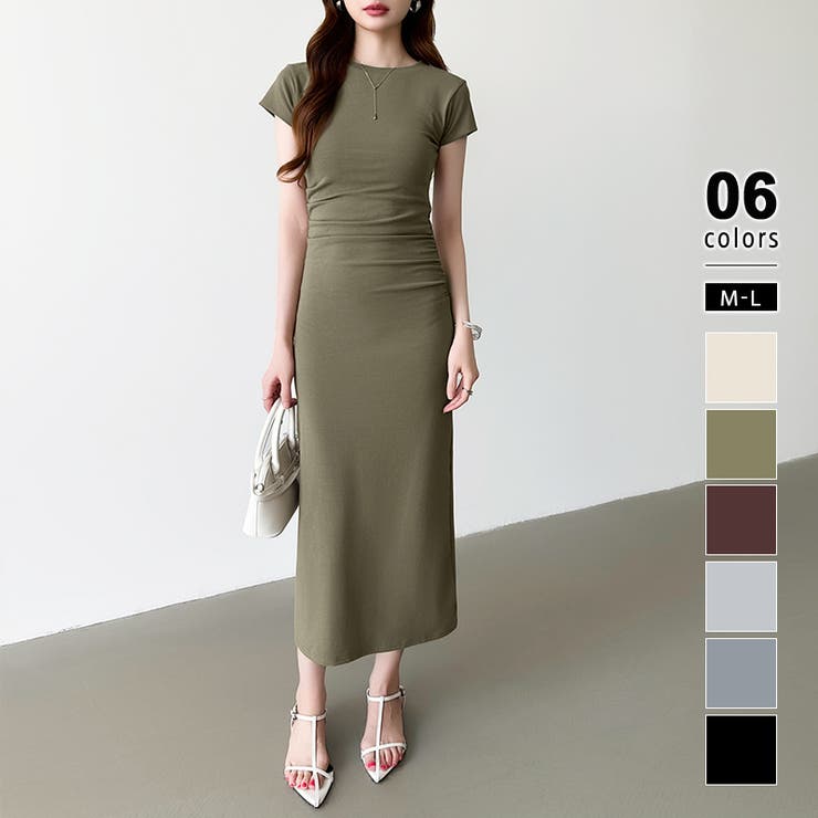 カーキ | 【美シルエット】 ウエストギャザーワンピース Tシャツワンピース | COCOMOMO