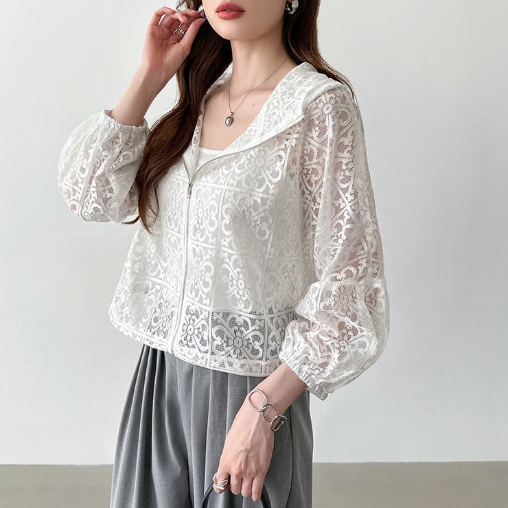 パネルレースシアーブルゾン レースパーカー ショート丈 | COCOMOMO | 詳細画像13 