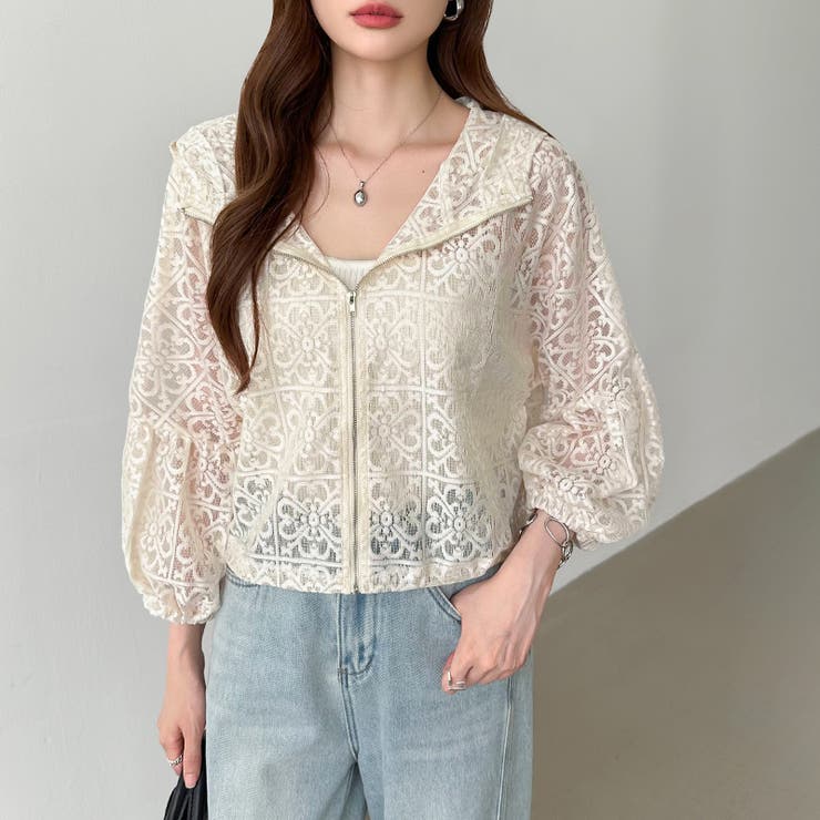 パネルレースシアーブルゾン レースパーカー ショート丈 | COCOMOMO | 詳細画像15 