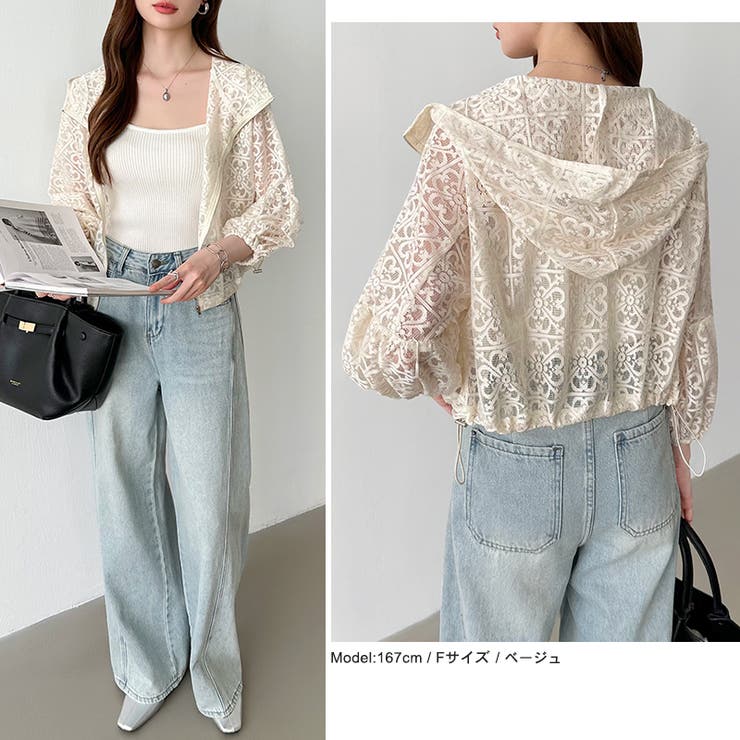 パネルレースシアーブルゾン レースパーカー ショート丈[品番