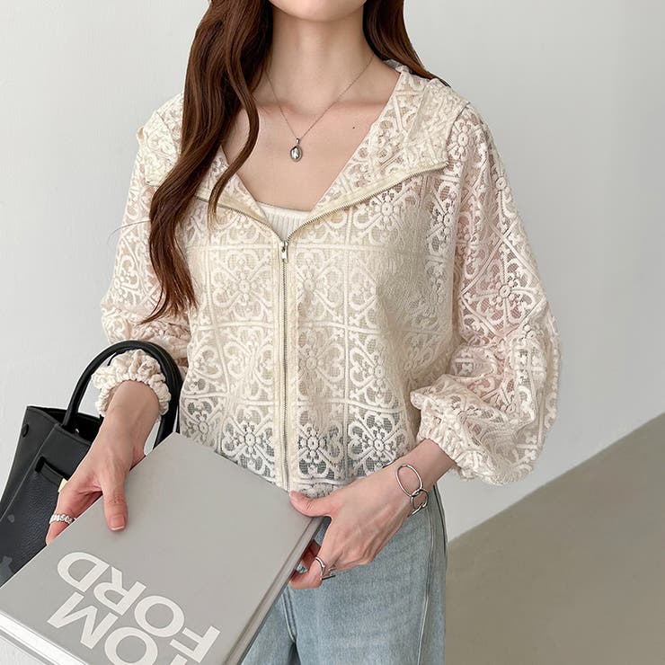 パネルレースシアーブルゾン レースパーカー ショート丈 | COCOMOMO | 詳細画像19 