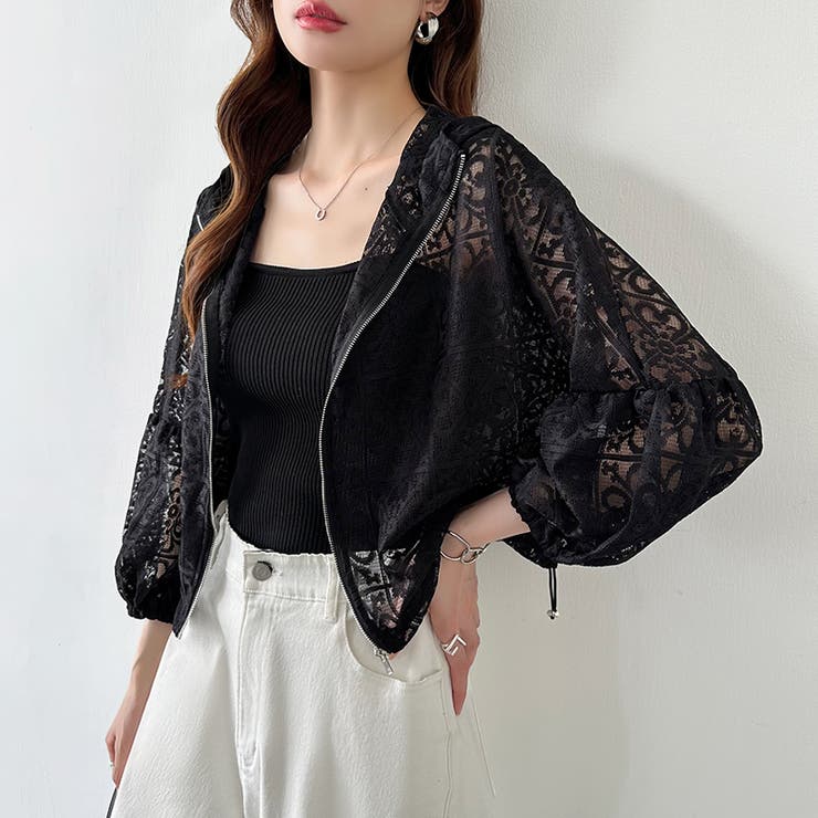 パネルレースシアーブルゾン レースパーカー ショート丈 | COCOMOMO | 詳細画像2 