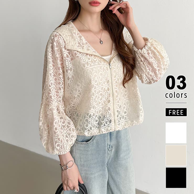 ベージュ | パネルレースシアーブルゾン レースパーカー ショート丈 | COCOMOMO