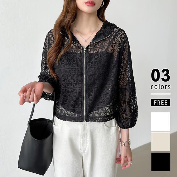 ブラック | パネルレースシアーブルゾン レースパーカー ショート丈 | COCOMOMO