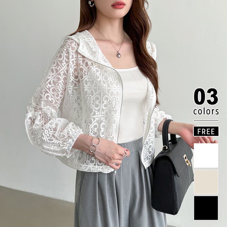 ホワイト | パネルレースシアーブルゾン レースパーカー ショート丈 | COCOMOMO