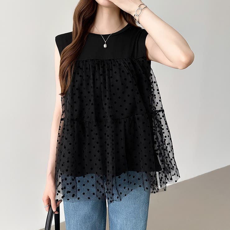 チュールドッキングトップス ティアードチュニック ドット柄 | COCOMOMO | 詳細画像9 