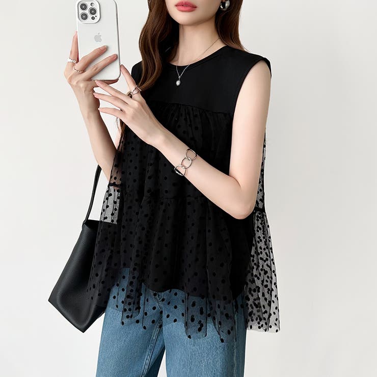 チュールドッキングトップス ティアードチュニック ドット柄 | COCOMOMO | 詳細画像10 