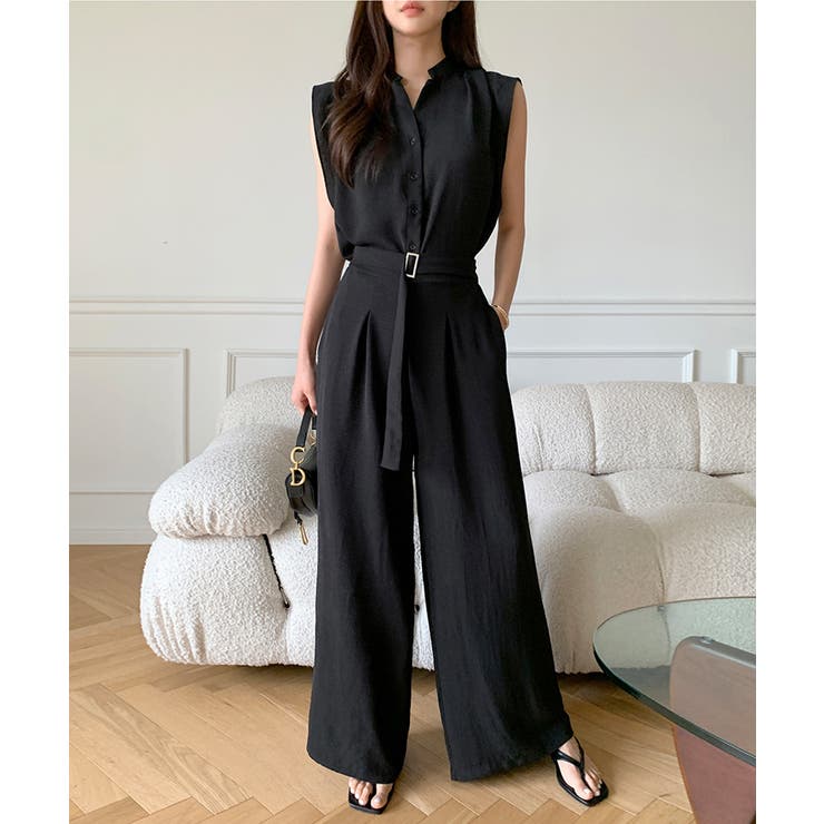 ノースリーブシャツ×ワイドパンツ 夏 上品 セットアップ 韓国 セットアップ夏 ノースリーブシャツ ワイドパンツ[品番