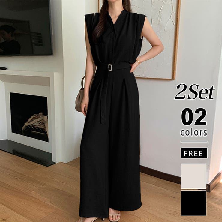 ブラック | セットアップ夏 ノースリーブシャツ ワイドパンツ | COCOMOMO