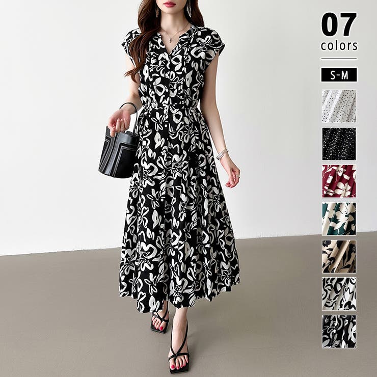 ブラック・ボタニカル柄 | フレンチスリーブワンピース 夏ワンピース 総柄ワンピース | COCOMOMO