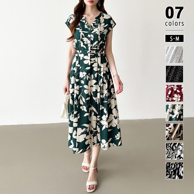 グリーン | フレンチスリーブワンピース 夏ワンピース 総柄ワンピース | COCOMOMO