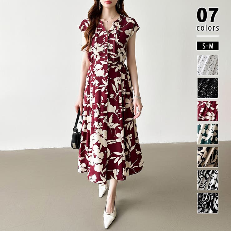 ワイン | フレンチスリーブワンピース 夏ワンピース 総柄ワンピース | COCOMOMO