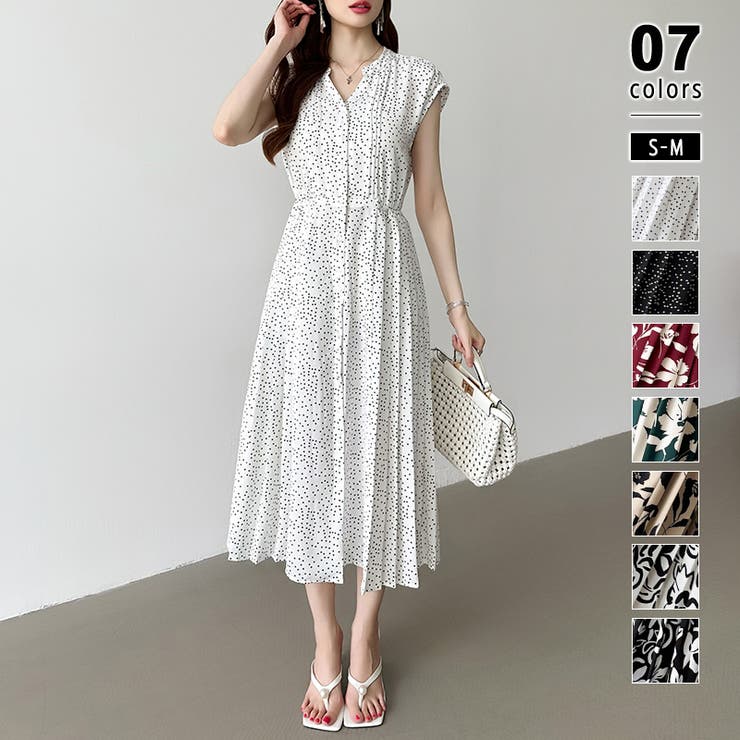 ホワイト・ドット柄 | フレンチスリーブワンピース 夏ワンピース 総柄ワンピース | COCOMOMO