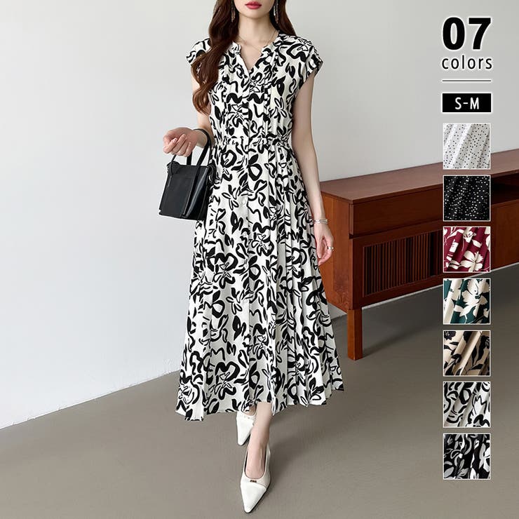 ホワイト・ボタニカル柄 | フレンチスリーブワンピース 夏ワンピース 総柄ワンピース | COCOMOMO