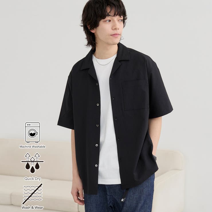 BLACK | エンボス加工ビンテージライクオープンカラーシャツ ー吸水速乾ー | coen【men】