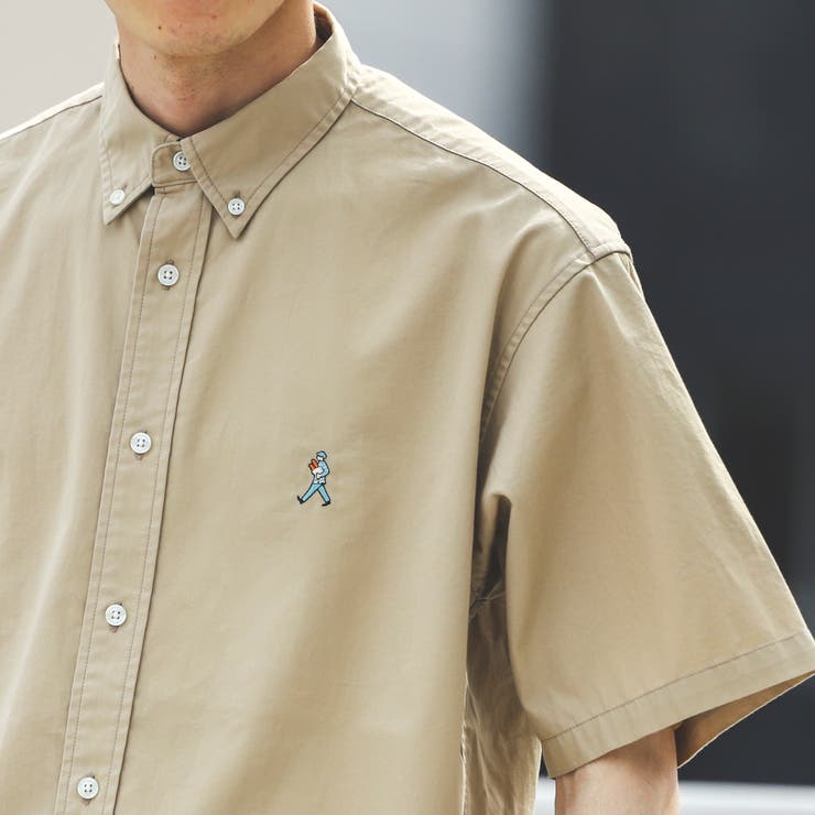 ”ワンポイント刺繍シリーズ”働く人刺繍ギャバ半袖ボタンダウンシャツ