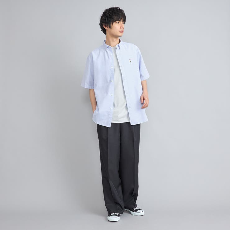 美品✨️Schott ネイビーストライプ 半袖シャツ ワンポイント刺繍 M ワンポイントベア刺繍OXBDストライプ半袖シャツ