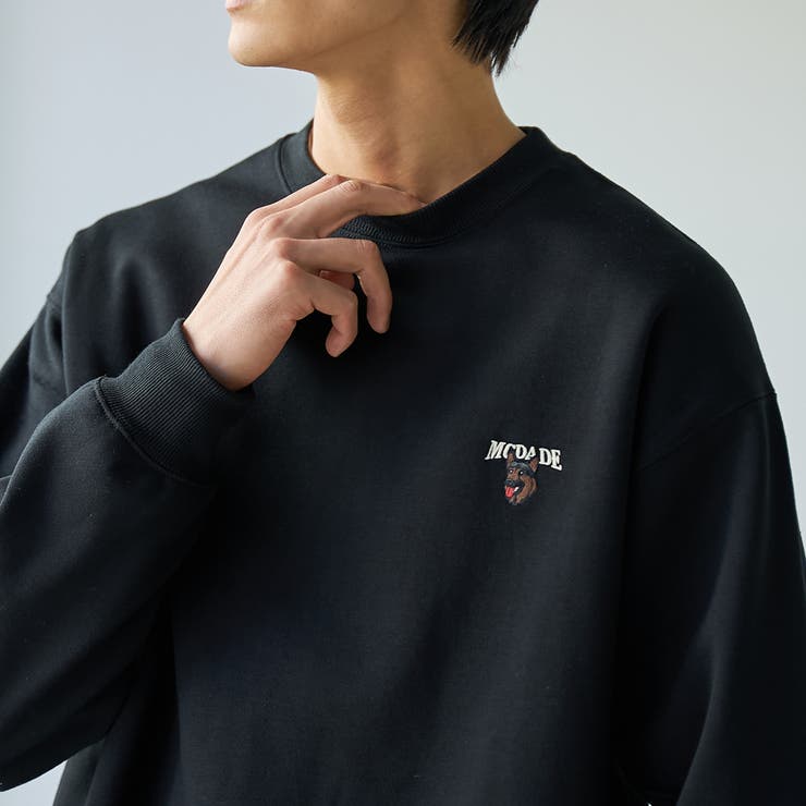 BLACK | ドッグシシュウクルーネックスウェット【保温性】 | coen【men】