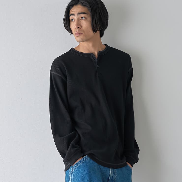 BLACK | ワッフルヘンリーネック ロングスリーブ Tシャツ | coen【men】
