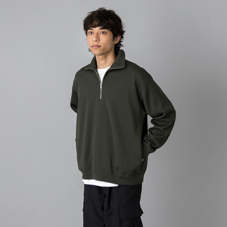 ハーフジップ 黒 スウェット RIB TECHシリーズ】Wフェイスハーフジップスウェット