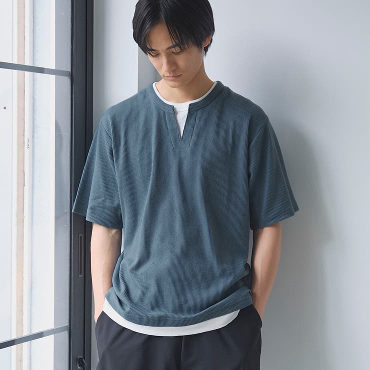 NAVY | キーネックフェイクレイヤード半袖Tシャツ | coen【men】