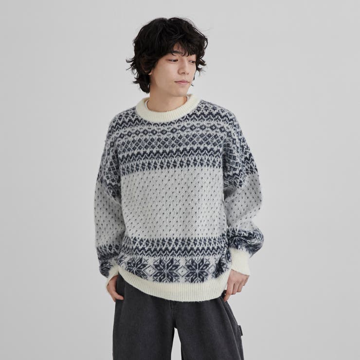 フェアアイル柄　カシミアミックス　クルーネックニット　ホワイト 洗える】フェアアイルクルーネックニット[品番：COEW0006689]｜coen