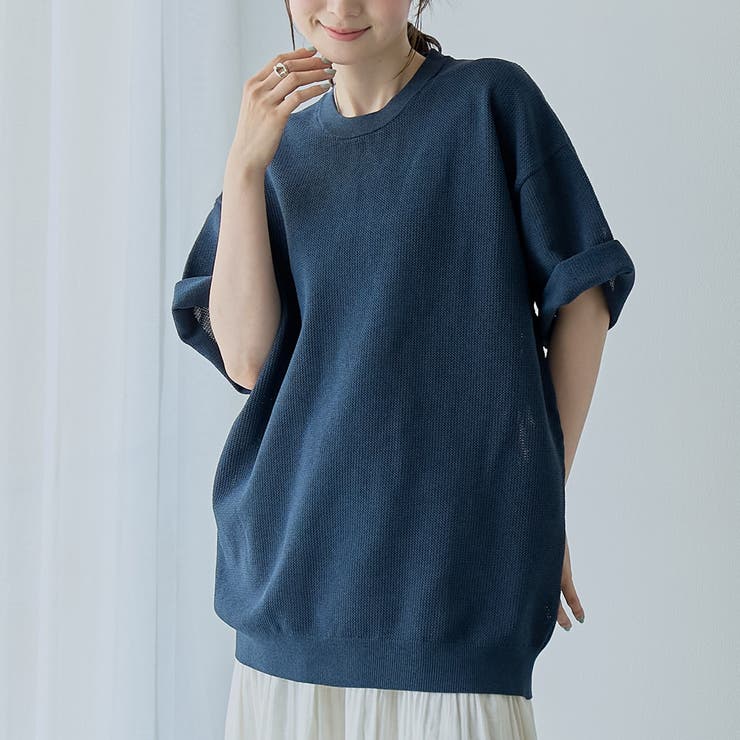 NAVY | ポリメッシュニットクルーネックプルオーバー | coen【men】