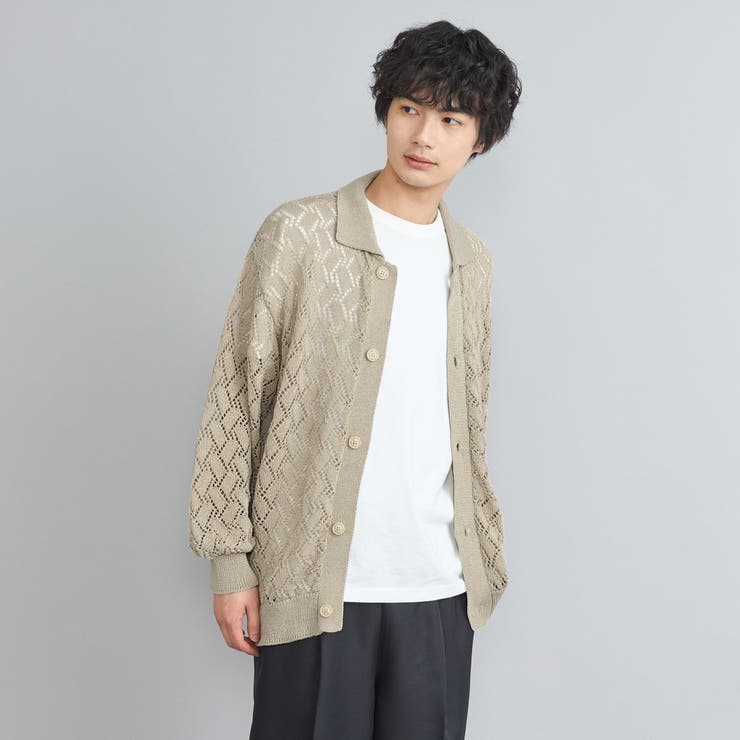 FUNALIVE カーディガン リネンライク 透かしメッシュ編みルーズ