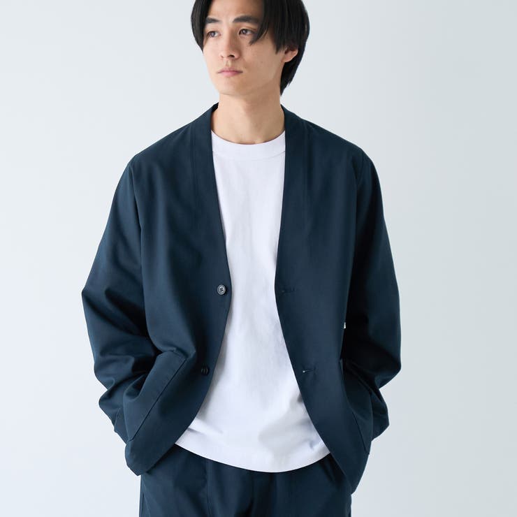 NAVY | ハイブリッドリネン ノーカラージャケット【吸水速乾・防シワ・UVカット】 | coen【men】