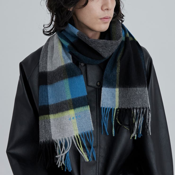 LT.BLUE | ワンポイント刺繍ウールチェックマフラー | coen【men】
