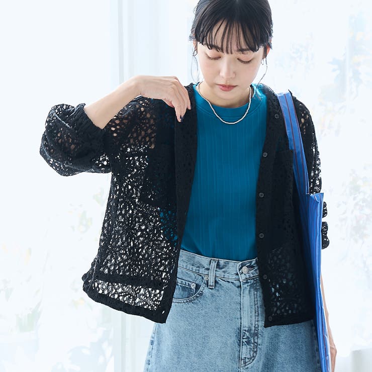BLACK | フラワーレースフーディシャツ | coen【women】
