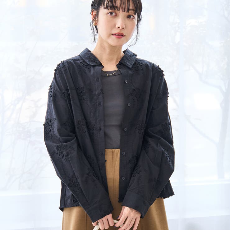 BLACK | 3Dフラワー刺繍 ロングスリーブシャツ | coen【women】