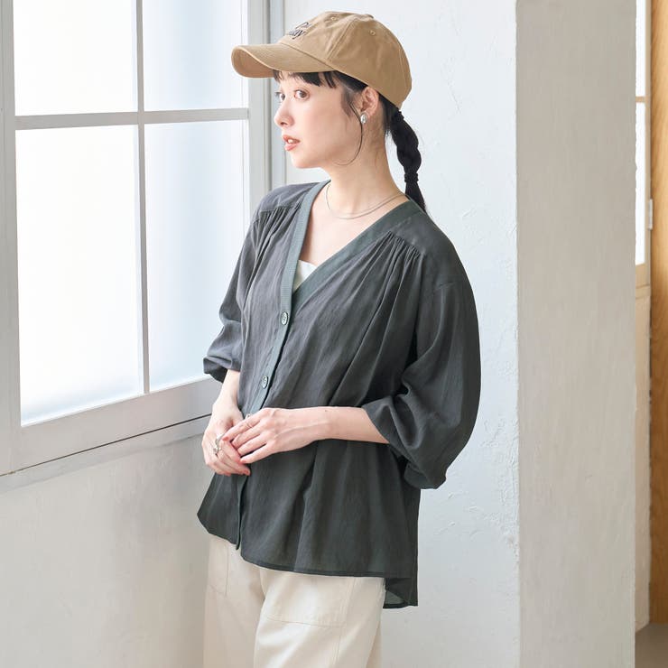 シアーギャザーデザイン Vネックシャツカーディガン | coen【women】 | 詳細画像10 
