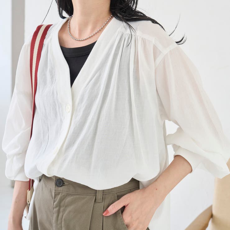 シアーギャザーデザイン Vネックシャツカーディガン | coen【women】 | 詳細画像7 
