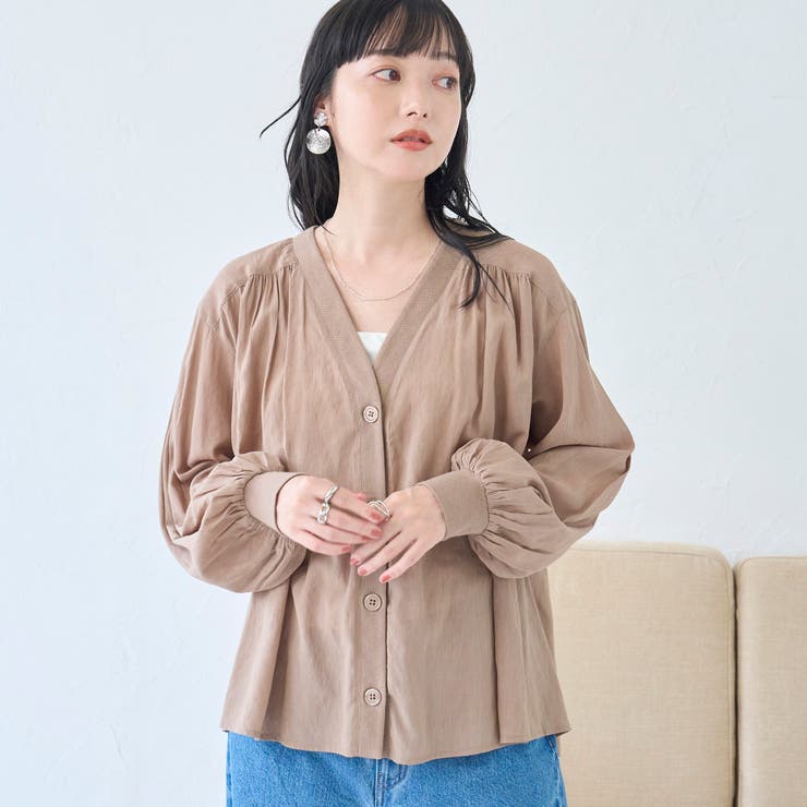 BEIGE | シアーギャザーデザイン Vネックシャツカーディガン | coen【women】