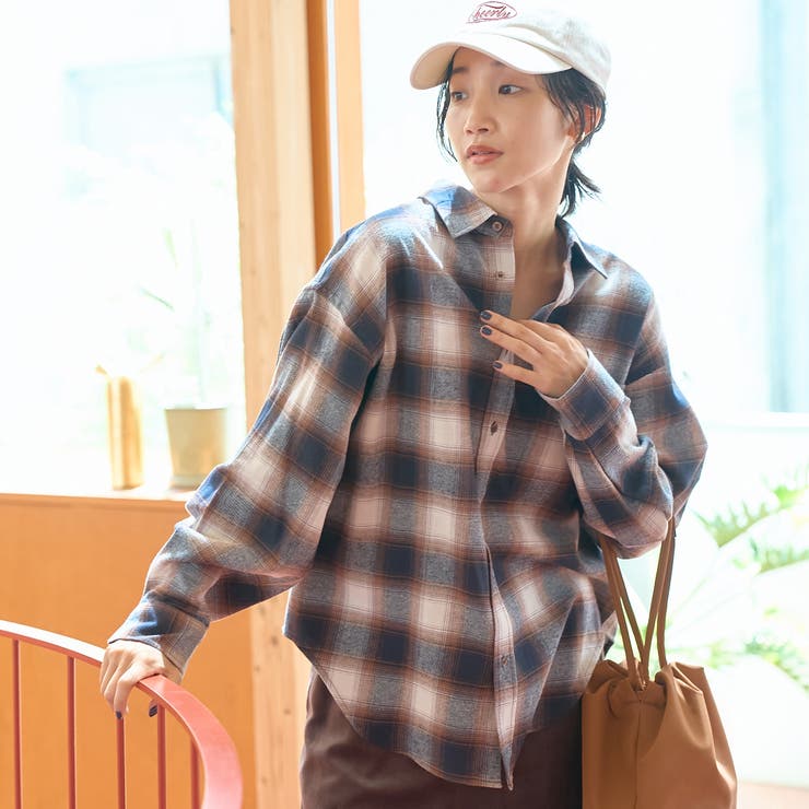 NAVY | オンブレチェック レギュラーカラーライトネルシャツ | coen【women】