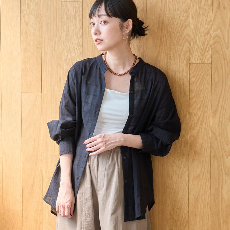 BLACK | シアードビーチェック バンドカラーシャツ | coen【women】