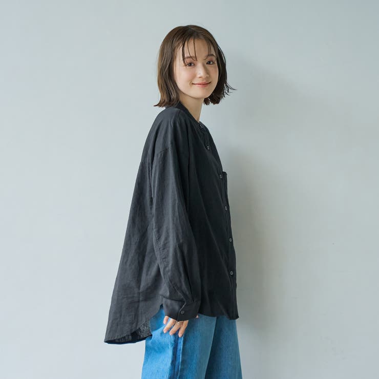 美品 コキュカ リネンレーヨン バンドカラーシャツ ブラック