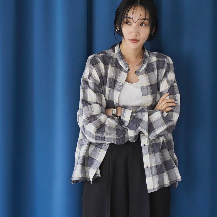 DK.GRAY | オンブレチェックサッカークロップドシャツ | coen【women】