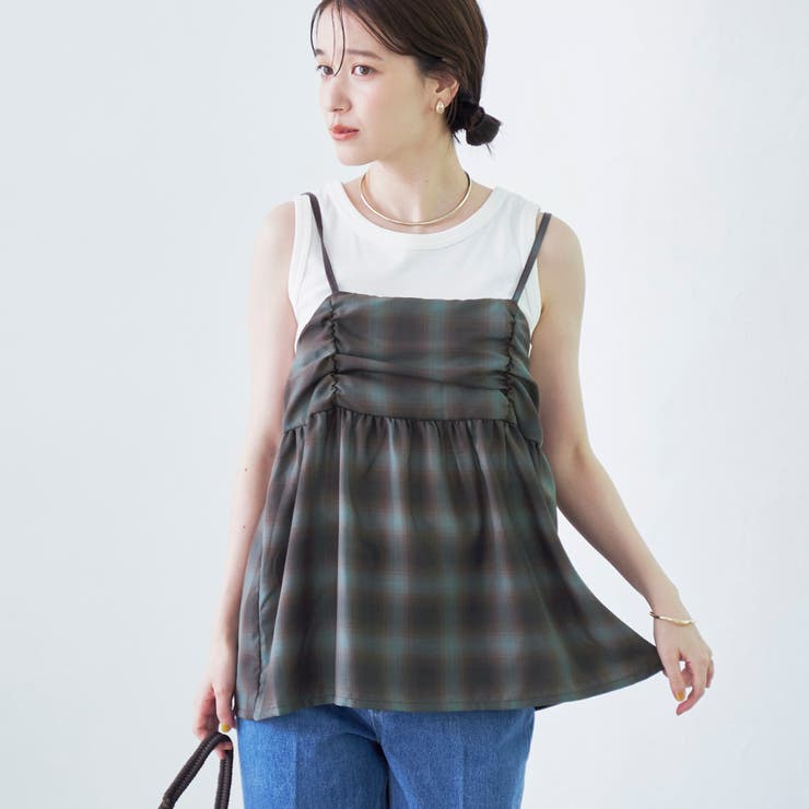 シアーオンブレチェックギャザーキャミソール | coen【women】 | 詳細画像1 