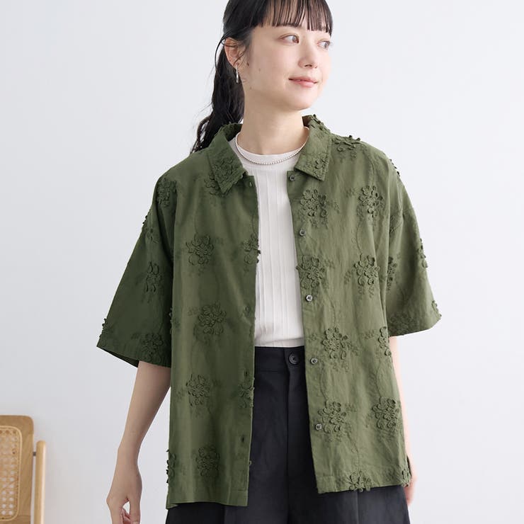 OLIVE | 3Dフラワー刺繍 ハーフスリーブシャツ | coen【women】