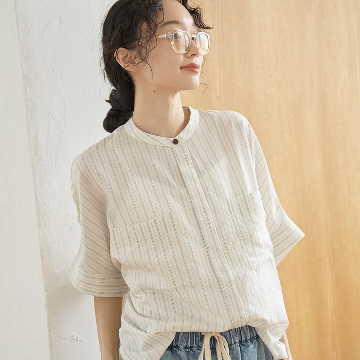 OFF WHITE | Wポケット バンドカラーストライプシャツ | coen【women】