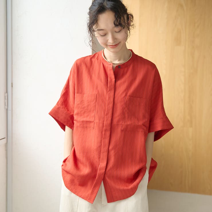 RED | Wポケット バンドカラーストライプシャツ | coen【women】