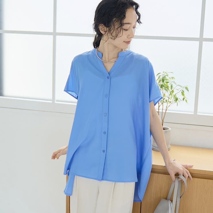 LT.BLUE | ポリエステルボイル ピンタックフレンチスリーブシャツ | coen【women】