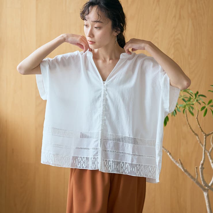 裾刺繍レース スキッパーシアーバンドカラーブラウス | coen【women】 | 詳細画像1 