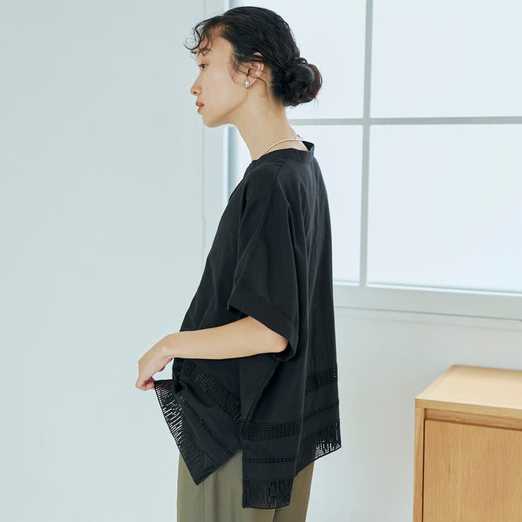 裾刺繍レース スキッパーシアーバンドカラーブラウス | coen【women】 | 詳細画像14 