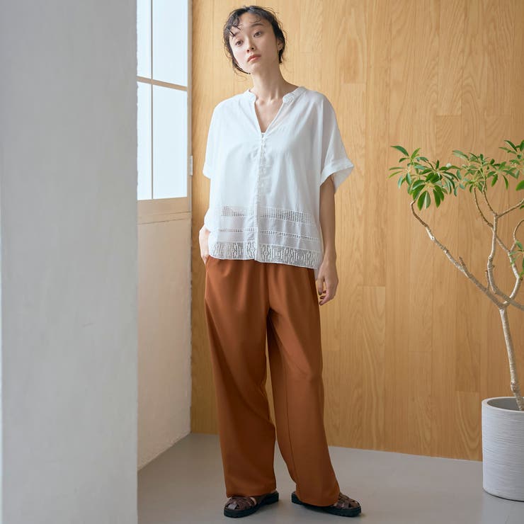裾刺繍レース スキッパーシアーバンドカラーブラウス | coen【women】 | 詳細画像2 