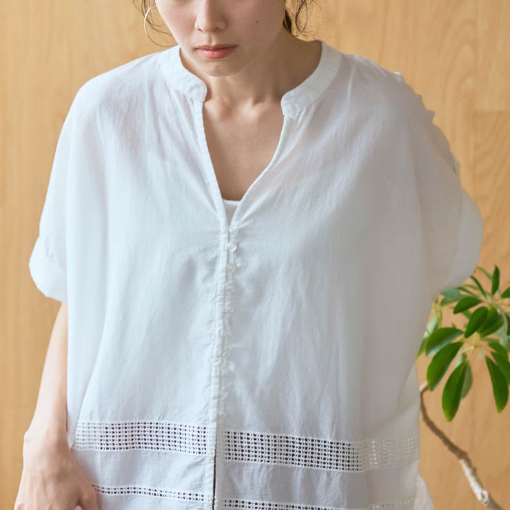 裾刺繍レース スキッパーシアーバンドカラーブラウス | coen【women】 | 詳細画像8 